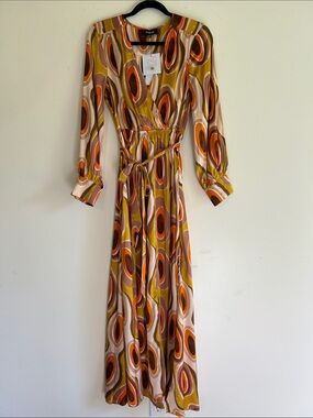 Aakaa Olive, Orange & Brown Abstract Wrap Maxi Dress NWT Small